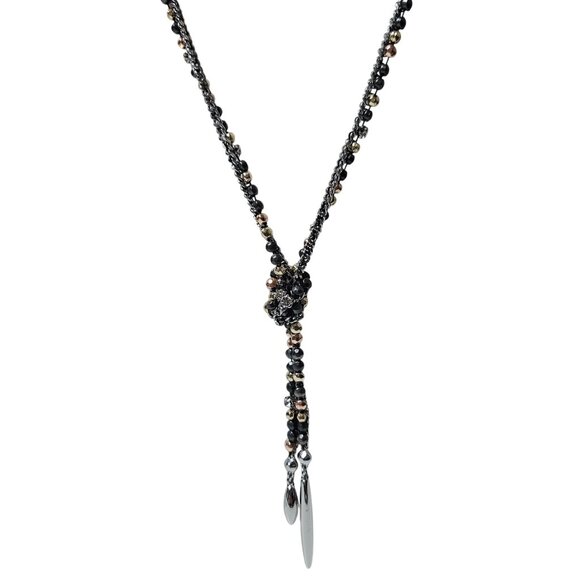 Elegant Black Gold Multicolor Beaded Lariat Necklace Crystal Accents Jewelry - Picture 2 of 6